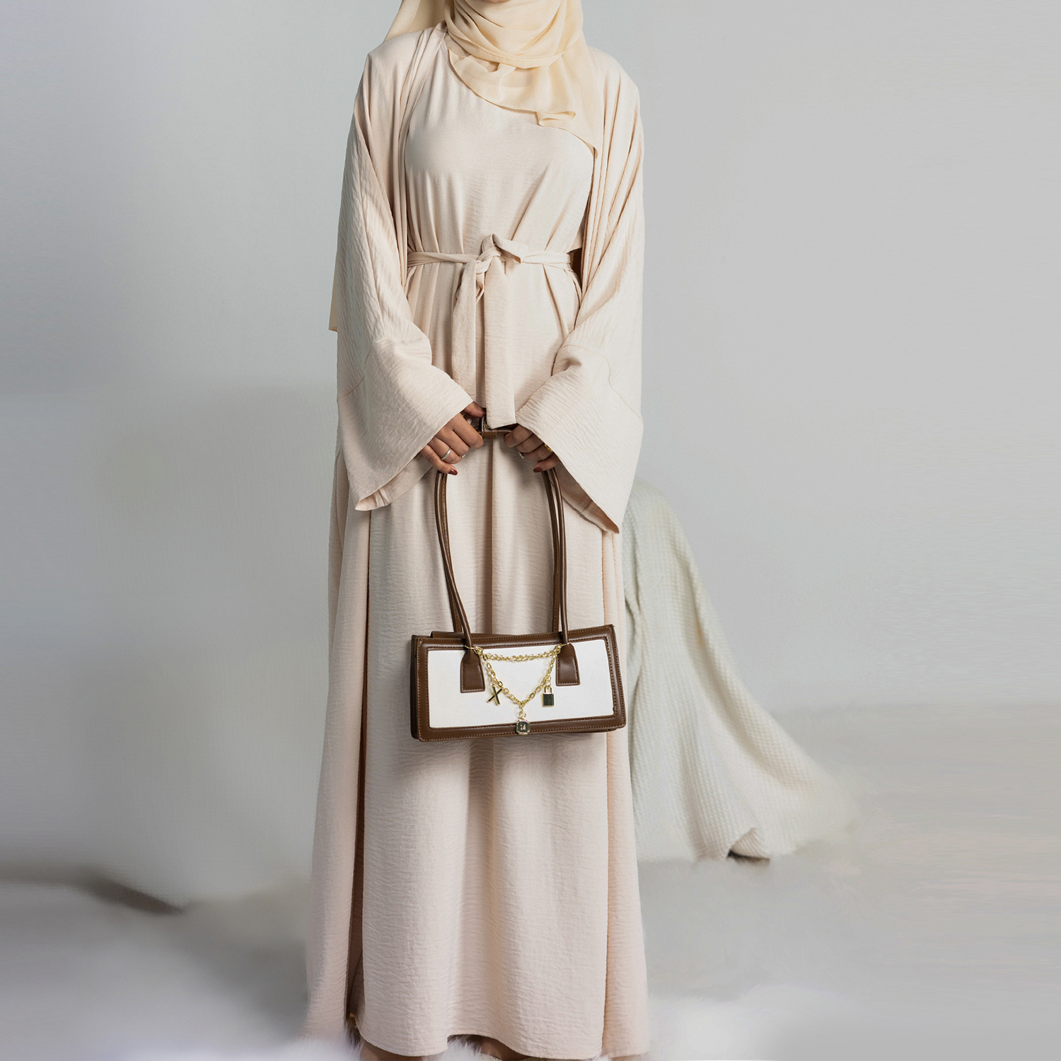 Abaya vestido Hijab sin mangas, conjunto musulmán a juego, bata islámica de lujo, vestido africano, Kimono marroquí, ropa de caftán, 2 uds./Set: L / Crema