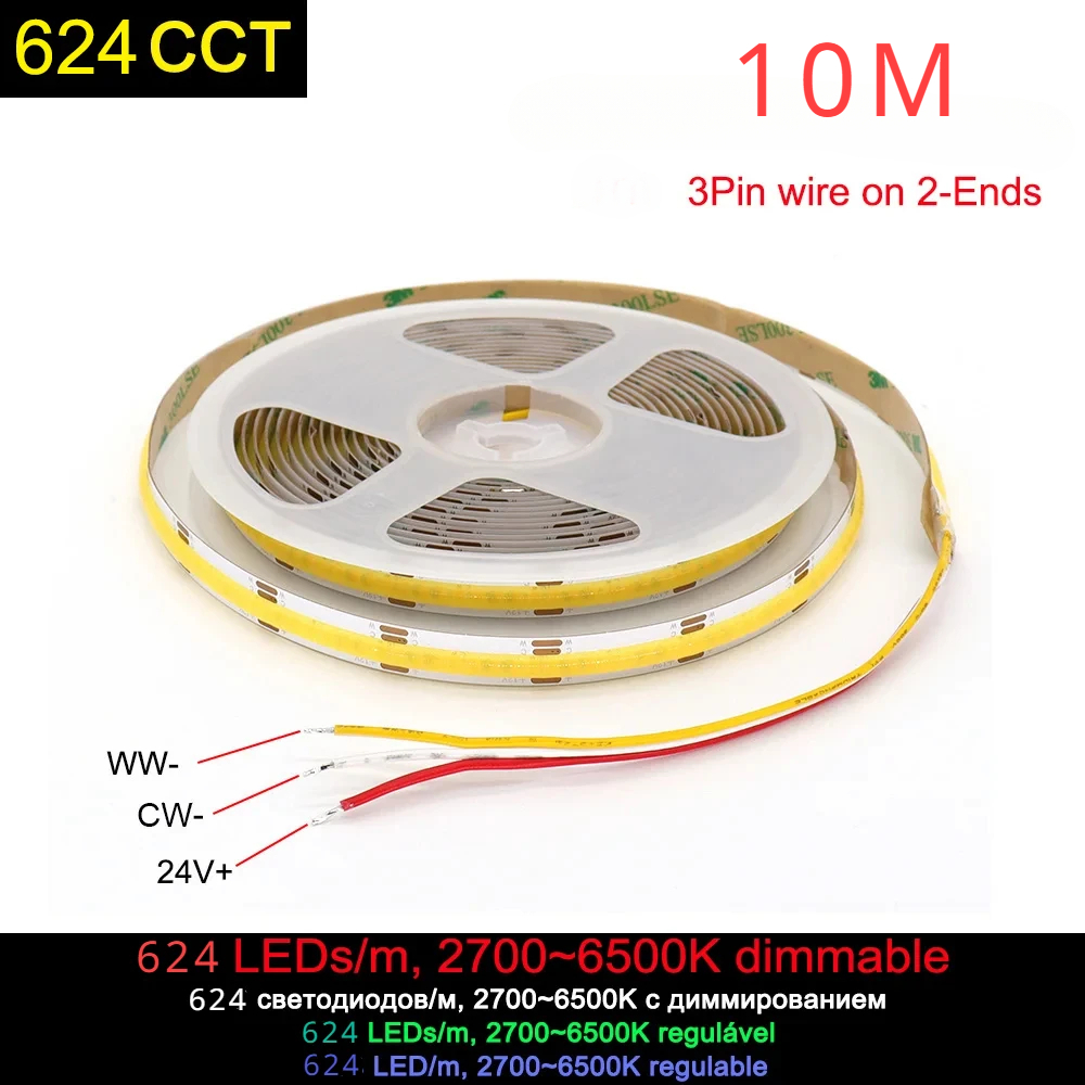10m cob cct led streifen licht 2700 leds/m hoch dichte flexible cob 5mm led lichter ra90 6500k bis k linear dimmbar 3 drähte dc24v: Default Title