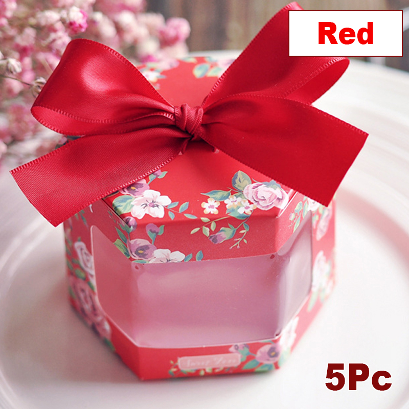 5Pcs Vintage Bloemen Gedrukt Dozen Snoep Hexagon Vorm Dozen Met Strik Lint Wedding Party Candy Chocolade Wikkelen Doos: B