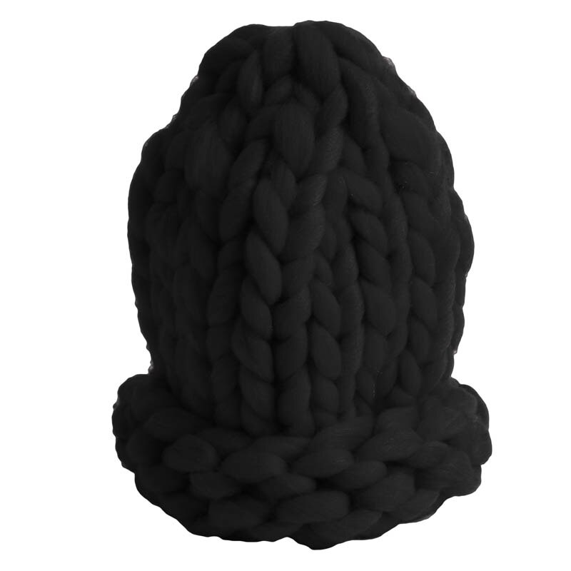 Women Winter Knitted Beanies Hat Thick Soft Warm Coarse Large Knitted Solid Hat Female Ice Ski Bonnet Hat: Black