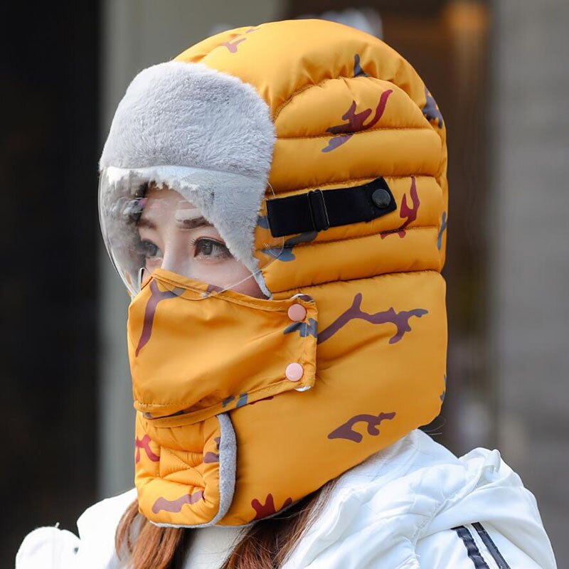 Vrouwen bomber hoed piloten trooper pet heren imitatie kasjmier hoed russische oesjanka oorkleppen petten winter sneeuw ski mutsen: Geel / Veiligheidsbril