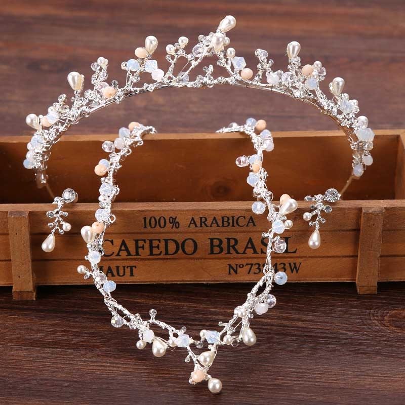 Wedding Jewelry Set For Bride Luxury Hair Jewelry Crystal Rhinestone Tiaras Hair Accessories Pearl Headpiece Leaf Tiara Headband