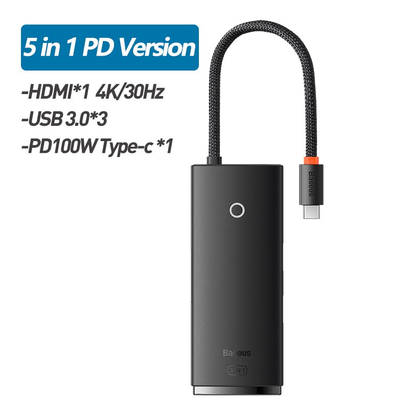Baseus – HUB USB type-c vers HDMI 4K, adaptateur USB 3.0 PD 6 en 1, Station d'accueil pour MacBook Pro Air: 5 in 1 PD Black
