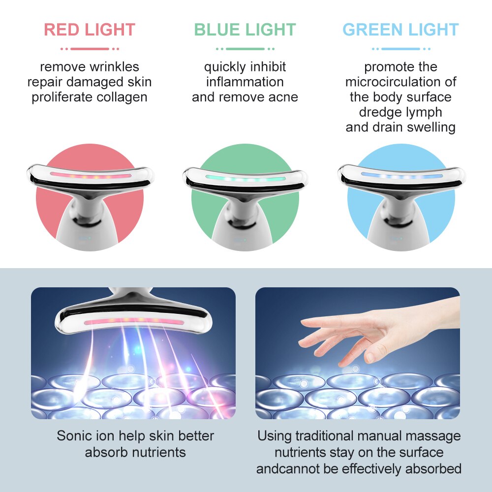 Terapia de fotones LED para cuello y herramienta para un levantamiento de rostro, vibración IPL, Reduce la piel, doble barbilla, dispositivo antiarrugas, 3 colores