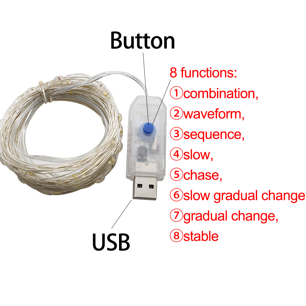 Guirnalda de luces LED USB con alambre de cobre, guirnaldas de luces impermeables, 8 modos, decoración DIY, de boda, dormitorio, guirnalda de Navidad