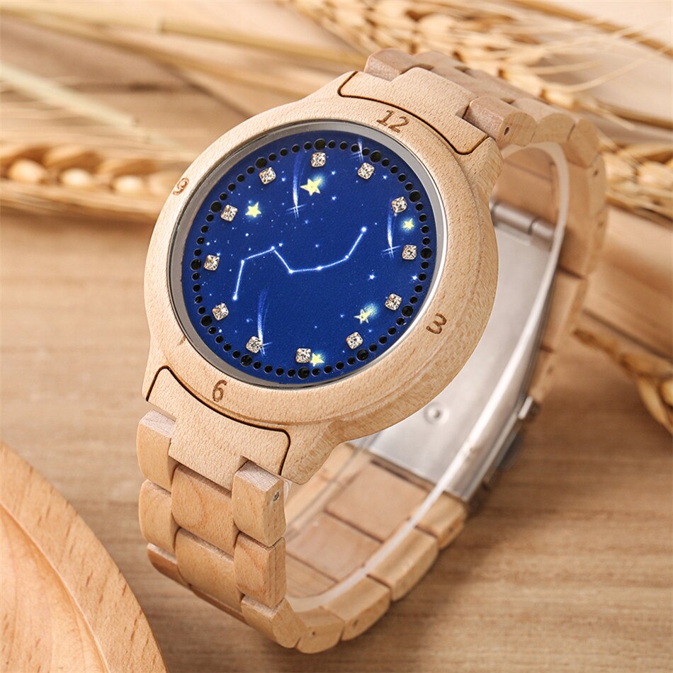 Redfire sterrenhemel led-display dames volledig houten digitaal armbandhorloge met vouwsluiting voor dames met houten uurwerk
