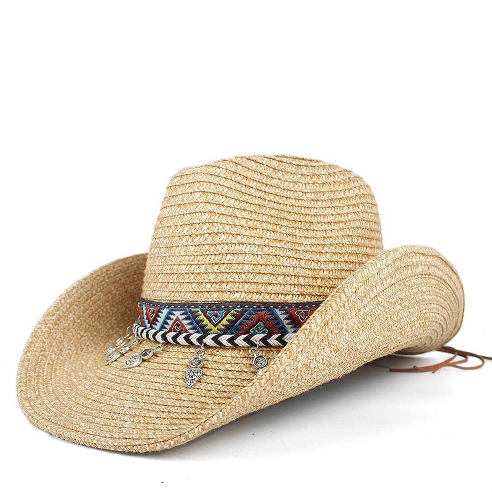 Kvinder hule vestlige cowboy hat dame sommer halm boheme kvast fascinator sombrero hombre strand cowgirl jazz hat: Khaki