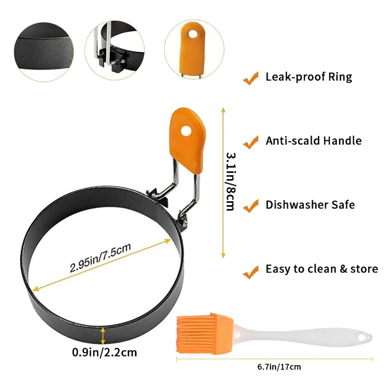 4 Pack Ei Ringe, edelstahl Runden Ei Herde Ringe Nicht Stock mit Anti-Verbrühungen Griff und Öl Pinsel