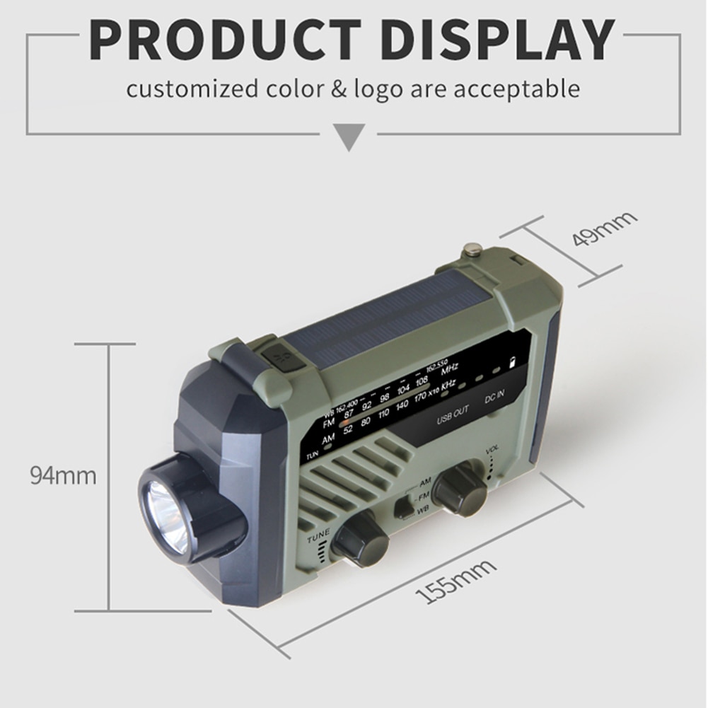Radio portátil de mano con manivela AM, FM, lámpara Solar de lectura de emergencia, alarma de SOS, Batería Externa de 2000mAh para cargador de teléfono: Hand Crank Radio