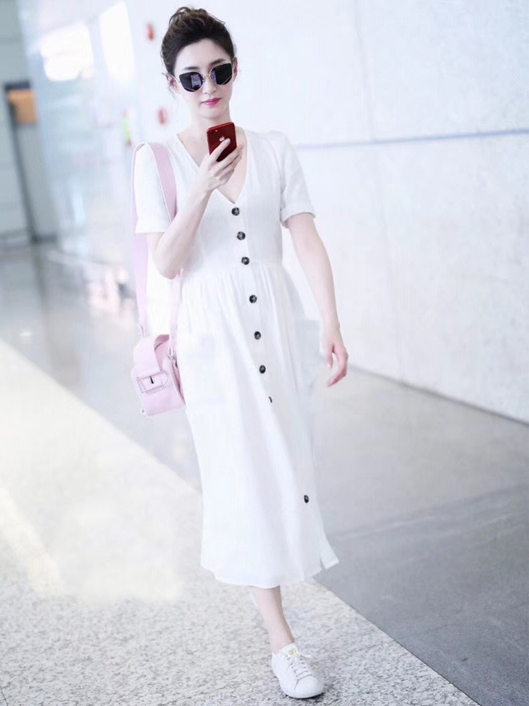 Celebrity dress white dress mid-length cotton and linen V-neck waist large pocket short-sleeved shirt skirt summer