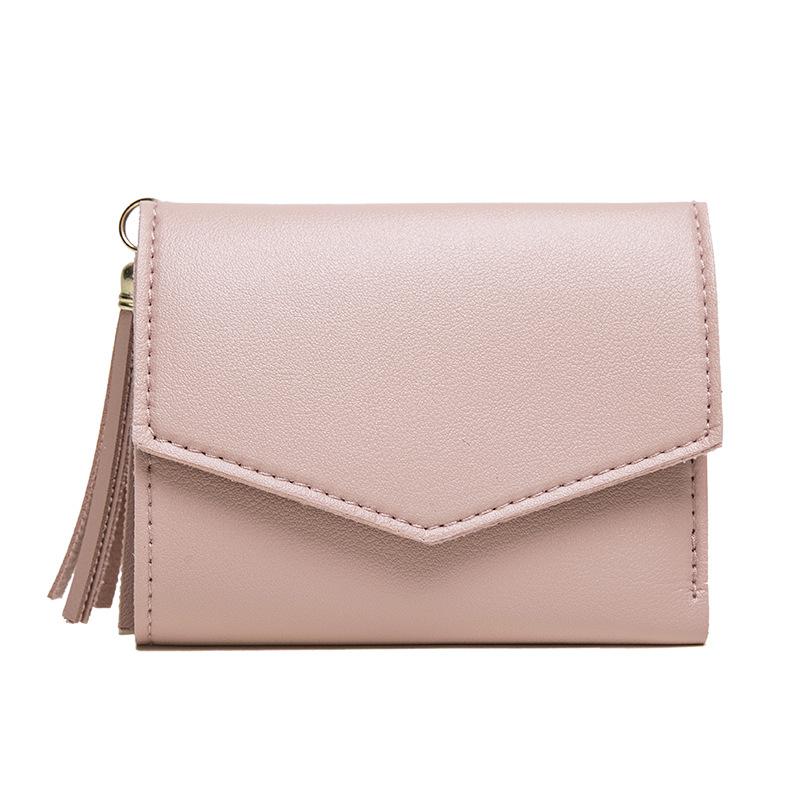 Femmes pendentif gland court portefeuille 3 fois grande capacité poche à monnaie Simple petite dames multi-carte bit cuir Walle: Pink