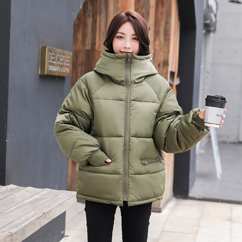Dikke dames parka's effen losse dames winter puffer jas plus size koreaanse stijl capuchon opstaande kraag casual overjas vrouw: Legergroen / Xxl