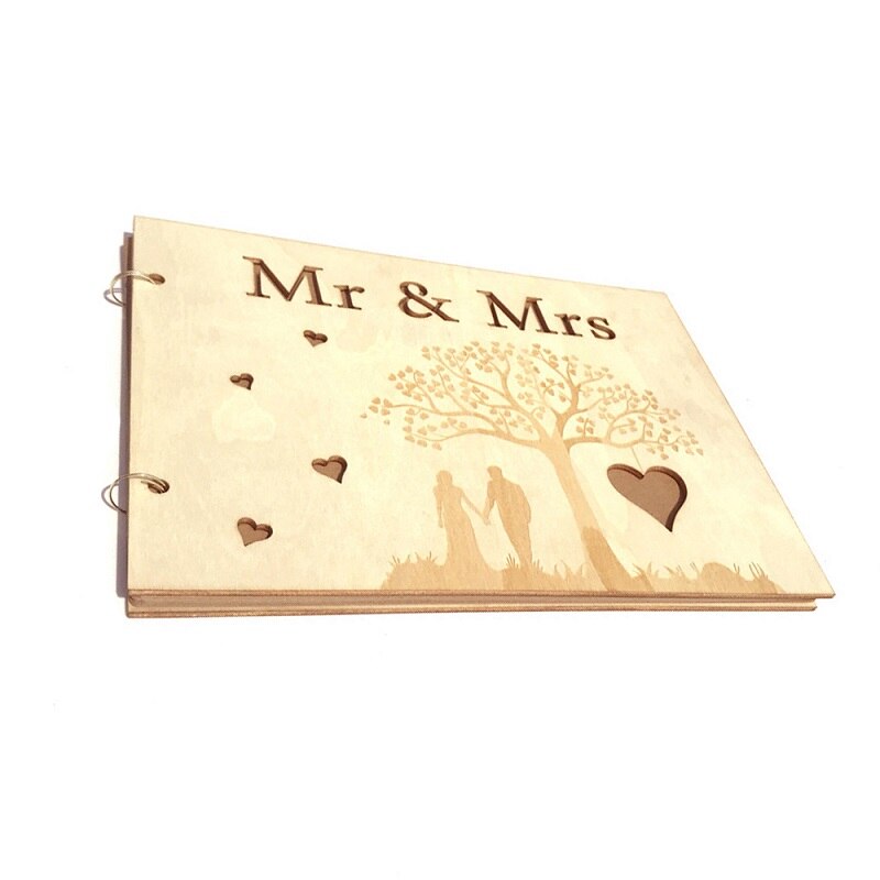Decoración de madera, libros de invitados de firma hechos a mano, libro de invitados de boda Mr & Mrs Love, libro de firma DIY de madera: A