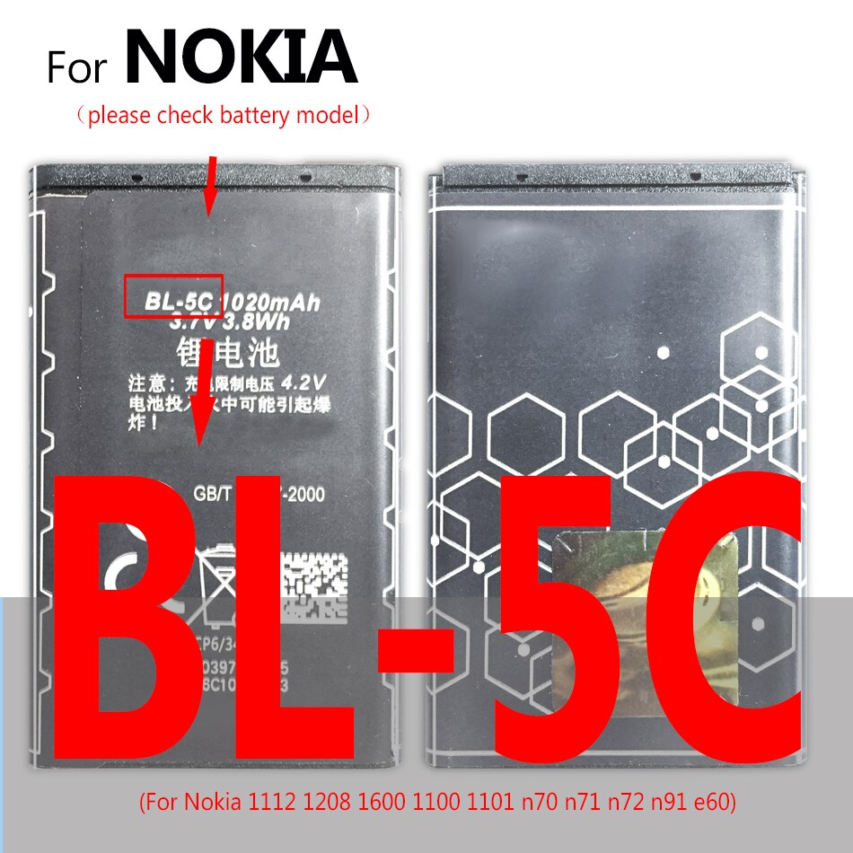 Batería BL 5C/4C HE338 HE319 HE330 HE351 WT240 HE321 HE336 HE345 HE344 HE316 HE317 HE335 para Nokia 2 3 3,1 3,2 5 6 6,1 2112 2118: BL-5C