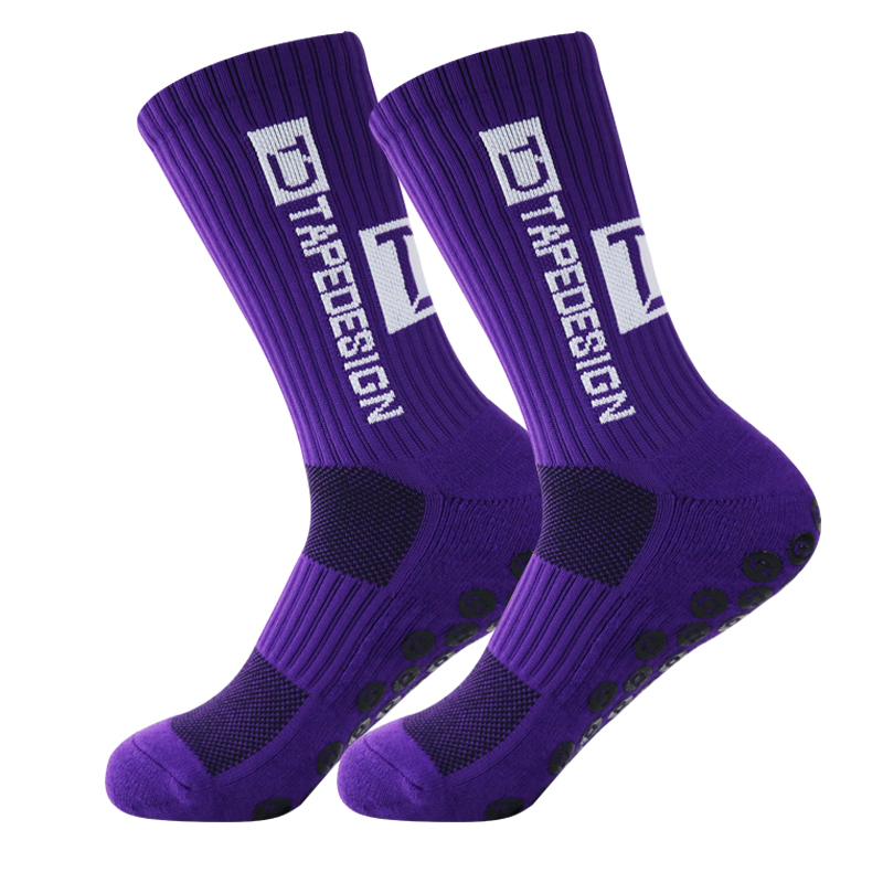 Nuevos calcetines deportivos de fútbol antideslizantes, calcetines de fútbol transpirables y gruesos para hombres y mujeres, calcetines para correr al aire libre y ciclismo: Morado
