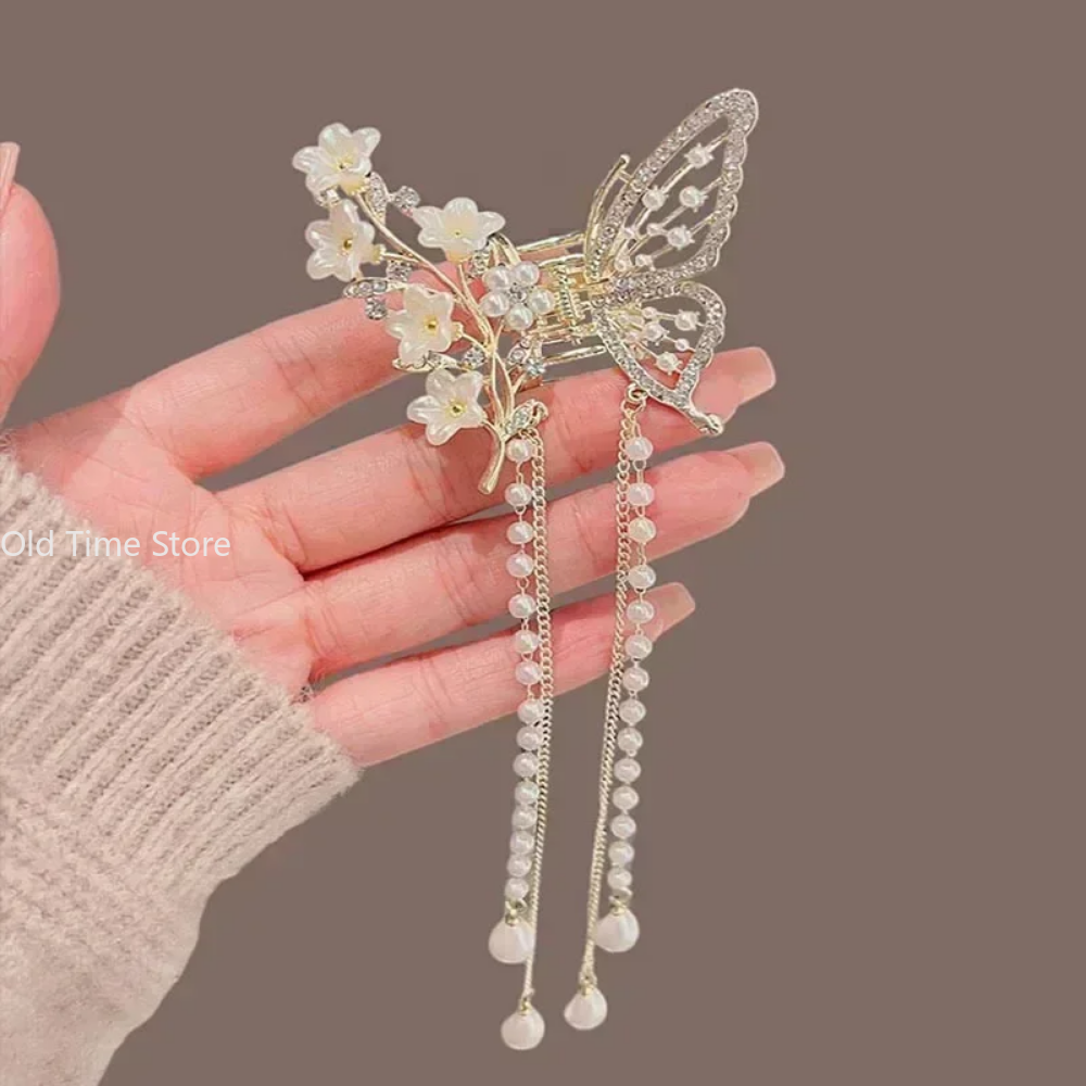 Pinza para el pelo con borlas de mariposa y perlas, horquilla para Festival de flores rojas para niñas, pinzas para el pelo con cola de caballo, accesorios de para mujeres y cangrejos,