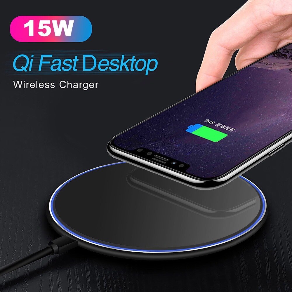 15W Wireless Charger - Metal Desktop Pad - Fast Charging - for Apple iPhone - with LED Indicator