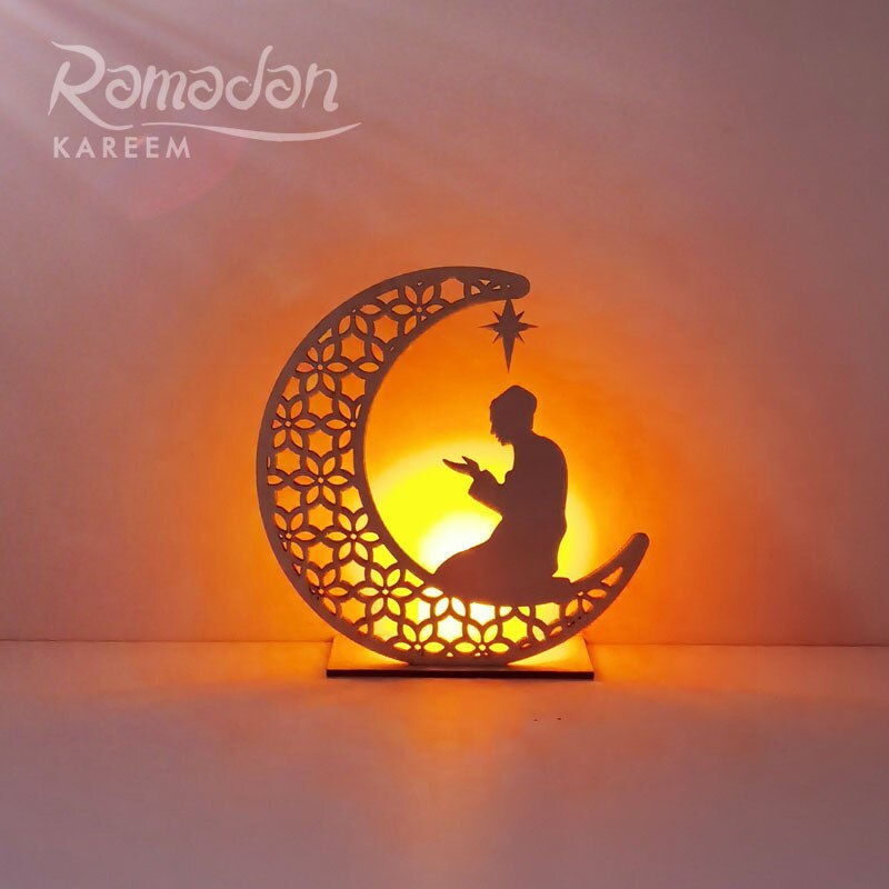 LED Wooden Eid Mubarak Plaque Moon Star Ramadan Ornament Muslim Decor Ramadan Eid Moon Star Wooden Pendant Islam