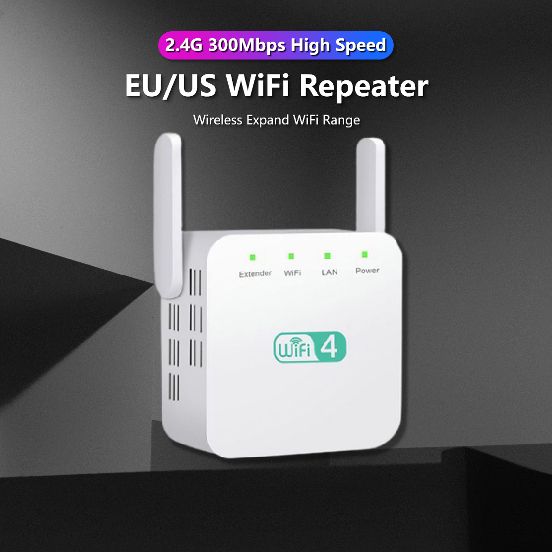 Longo Alcance Wireless WiFi Extender, WiFi Booster, 2.4Ghz, adaptador 300Mbps, amplificador Wi-Fi, antena dupla, repetidor de sinal