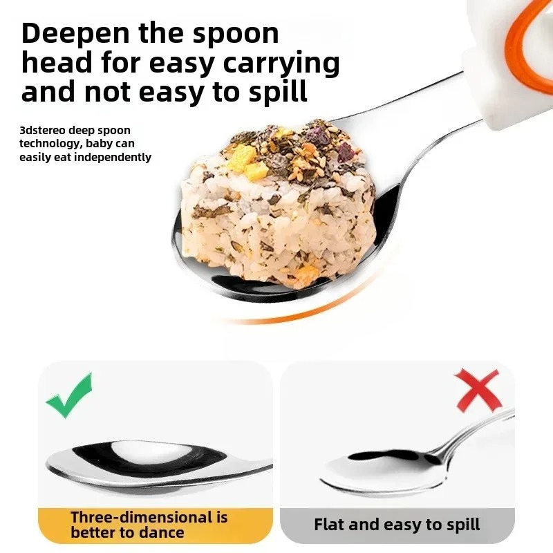 1PCS Baby Eating Training Soft Silicone Fork Spoon Short Handle Baby Easy To Grip 316 Stainless Steel Fork Spoons