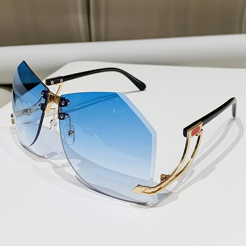 Ochelari de soare neregulați fără rame, lentile oceanice gradient șic, nuanțe, ochelari de soare eleganți și la modă, cu picioare scobite