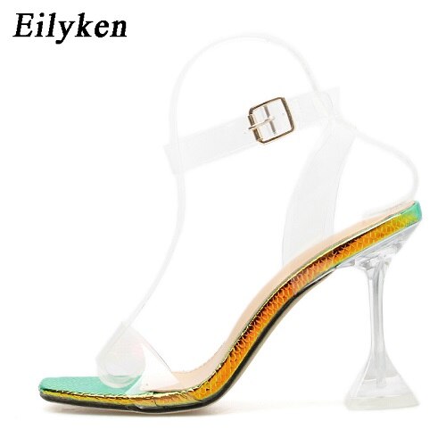 Eilyken serpentine kvinnor kristallklackar sandaler peep toe pumps höga klackar klar transparent rem bröllopssandaler skor rem: Grön / 10