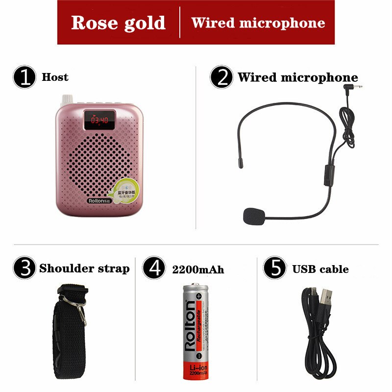 Rolton K500 Portable Bluetooth Speaker Microphone Voice Amplifier Booster Megaphone Speaker For Sales Teaching Guide: rose gold