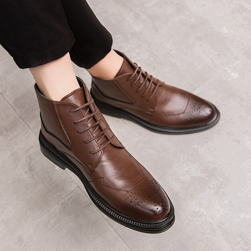 Våren hög topp herr martin boots brogue engelsk stil solida stövlar snörning flock gummi vinter hög topp herr ankelstövlar skor