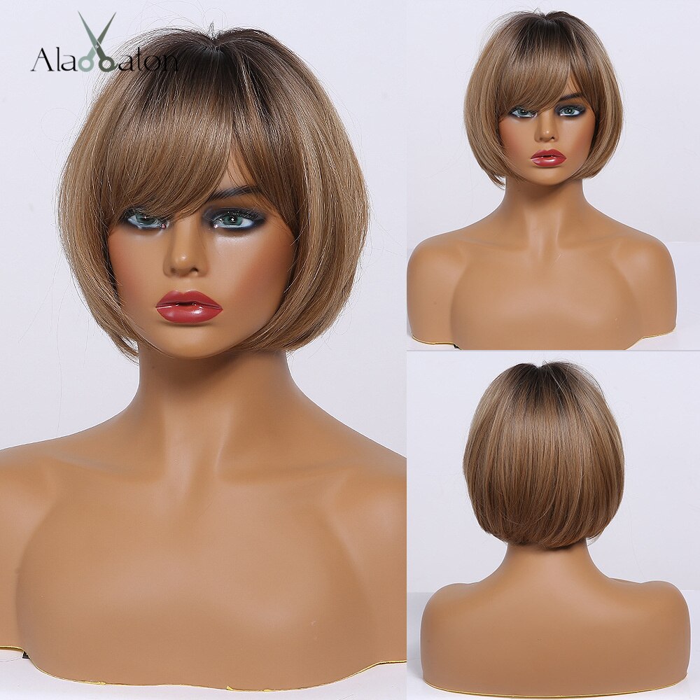 ALAN EATON Short Straight Ombre Black Brown Synthetic Wigs with Bangs for Women Bob Wig Heat Resistant Lolita Cosplay wig 12inc: ss171-1