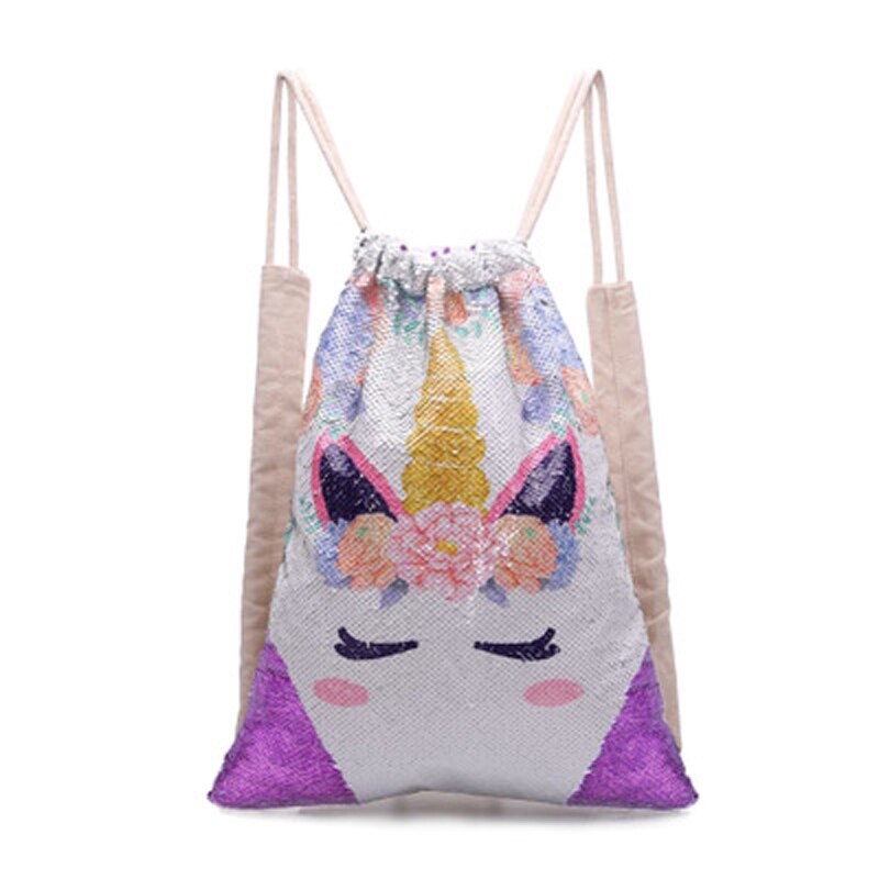 Outdoor Unicorn Drawstring Backpack Girls Sequin Patch Bags Cotton Shopping Soft Bag Travel Beach Backpack: purple