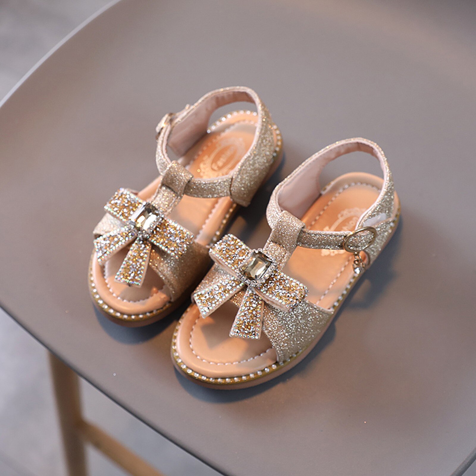 1~7 Years Kids Girls Shoes Bling Sandals Summer Beach Sandal Bowknot Children Crystal Princess Shoes Silver Baby Toddlers Sandal: Gold / 21
