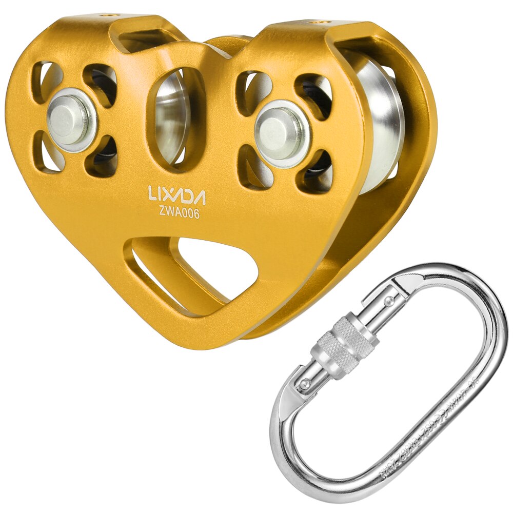 Lixada 30kN Cable Trolley Pulley Dual Pulley with 25kN Srew Locking Carabiner For Climbing Caving Aloft Work Rescue Tools: Gold