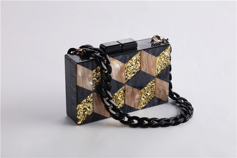 Female Black Pearlescent Acrylic Evening Bags Vintage Women Messenger Bags Gold Sequins Clutches Patchwork Party Handbags: Acrylic A