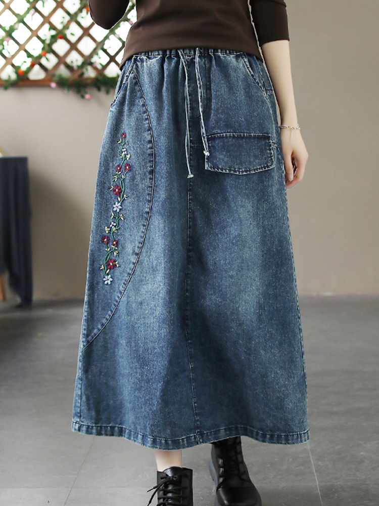 Max lulu forår kinesisk stil denim nederdele dame fritid løst broderi tøj dame klassiske harajuku kjoler: Blå