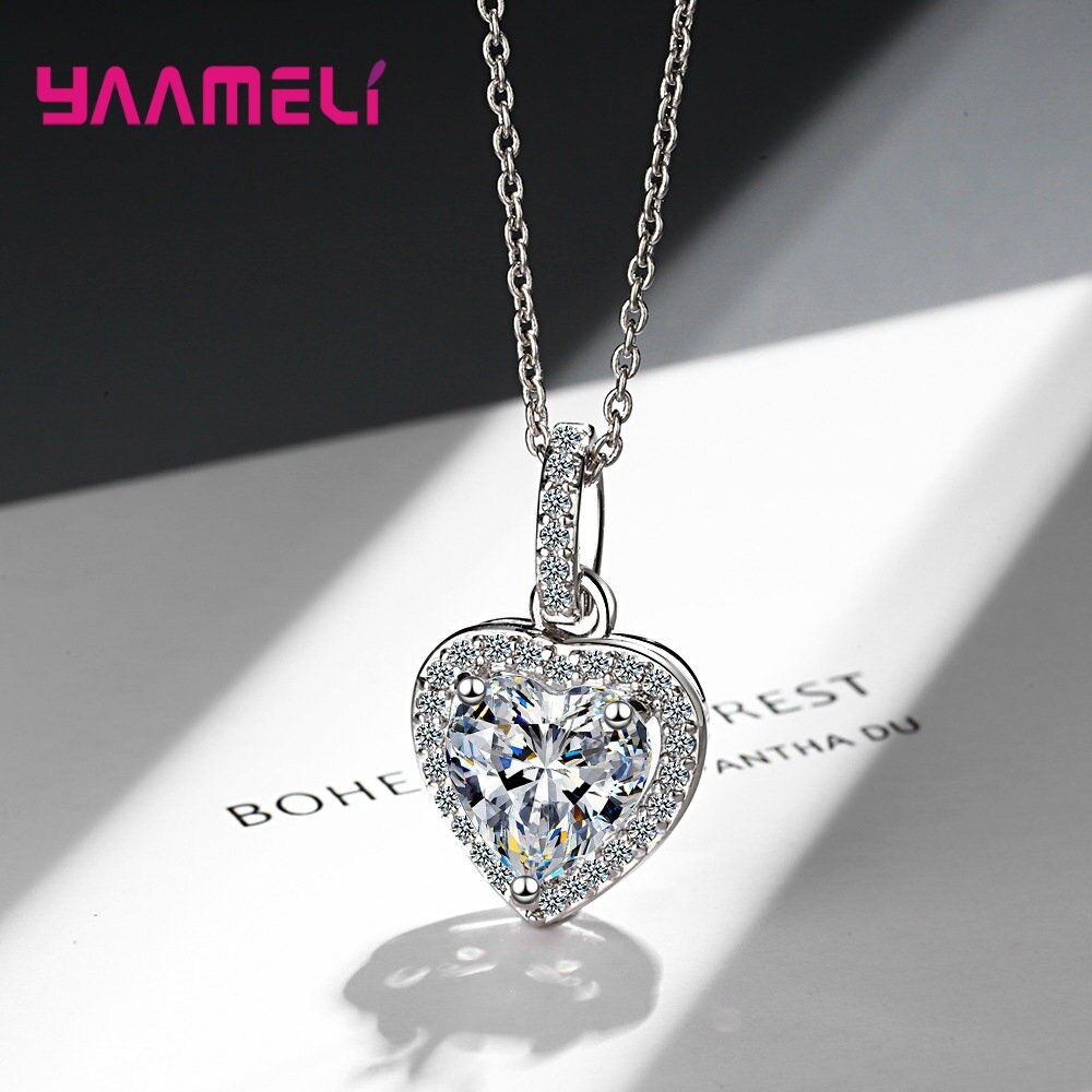 Romantic Mosaic Heart Shaped Pendant Necklaces for Woman Fine 925 Sterling Silver Rhinestone Cubic Zirconia Birthday