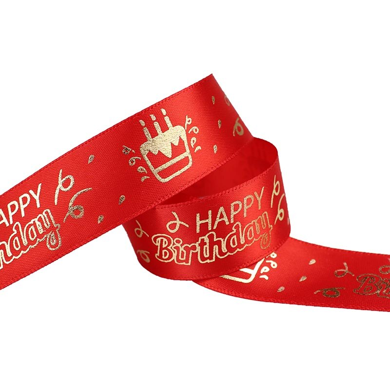 25mm Birthday Ribbon Happy Birthday Printed Satin Ribbon For Birthday Wrapping Birthday Party Decoration Accessories Ribbon: Red
