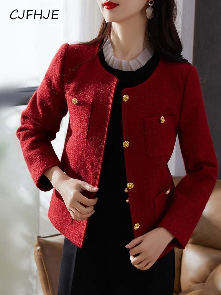 Cjfhje julerød tweedjakke dame vinter tyk varm sød frakke fransk vintage langærmet dame afslappet top