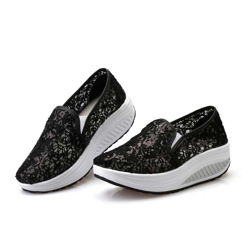 Eofk Vrouwen Flats Platform Sneakers Zomer Casual Moccasions Dames Loafers Bling Glitter Ademend Mesh Schoenen Vrouw Schoenen: Black / 8