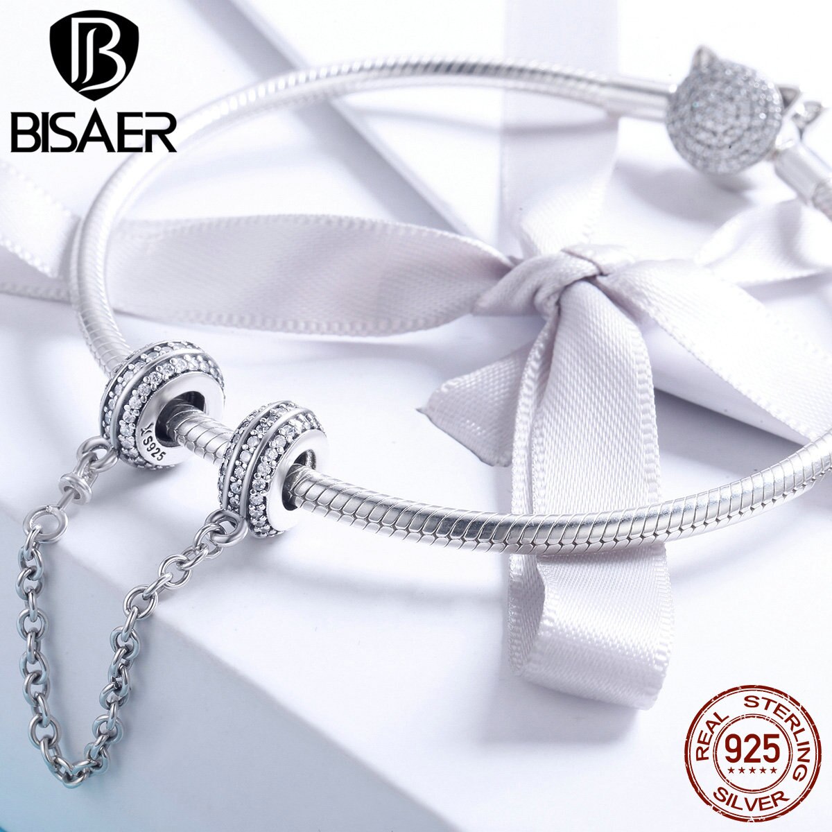 BISAER Authentische 925 Sterling Silber Schlange Kette Sicherheit Kette Stopper Reize Perlen passen Charme Armbänder Silber Schmuck ECC812