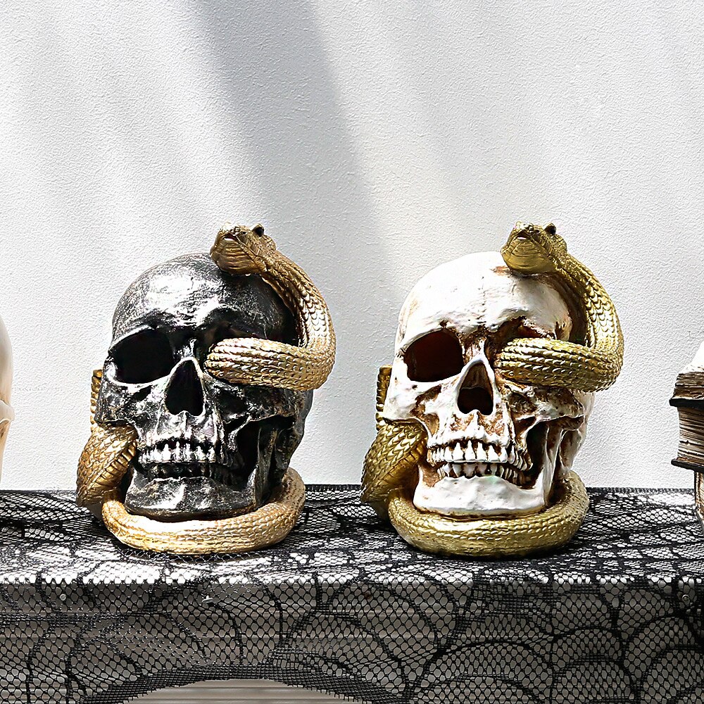 Cabeza de calavera con luz para Halloween, adorno de resina con de serpiente de simulación, Calavera, hueso, decoración de terror para vacaciones