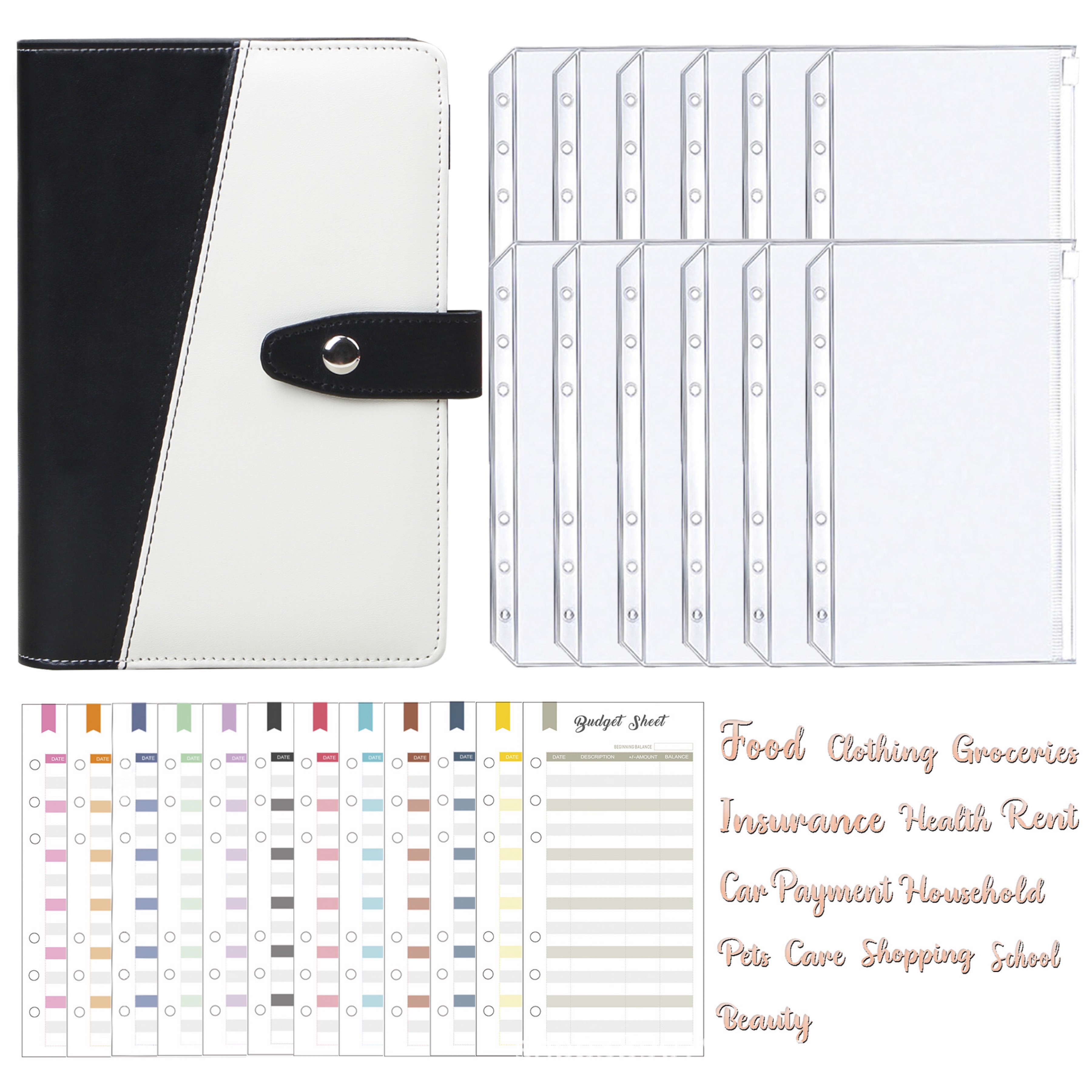 Organiseur de carnet de notes A6, classeur avec pochettes, feuilles de Budget de frais et étiquette autocollante pour planificateur de billets: A6-Black