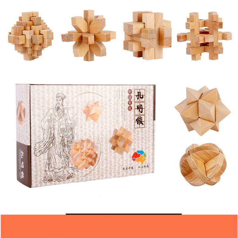 6pcs Chinese Traditional Wooden Intelligence Toy Kongming Lock Luban Lock Classical Brain Teaser Game Toy Stress Relief Toys