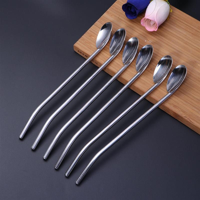 6 pièces en acier inoxydable cuillère paille réutilisable pailles Cocktail cuillères ensemble cuillère poignée est une paille creuse
