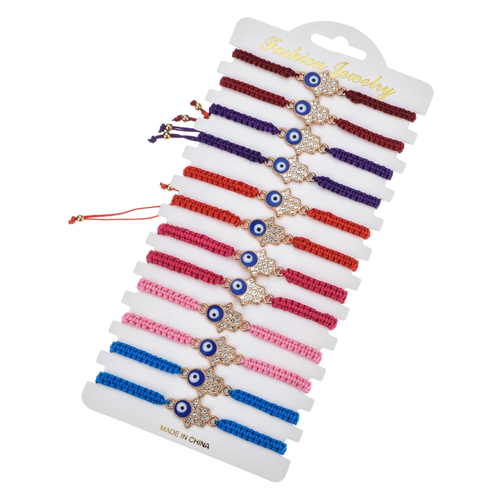 Pulseira feminina de 12 fábricas, bracelete trançado ajustável, corrente, azul turco, mau olhado strass