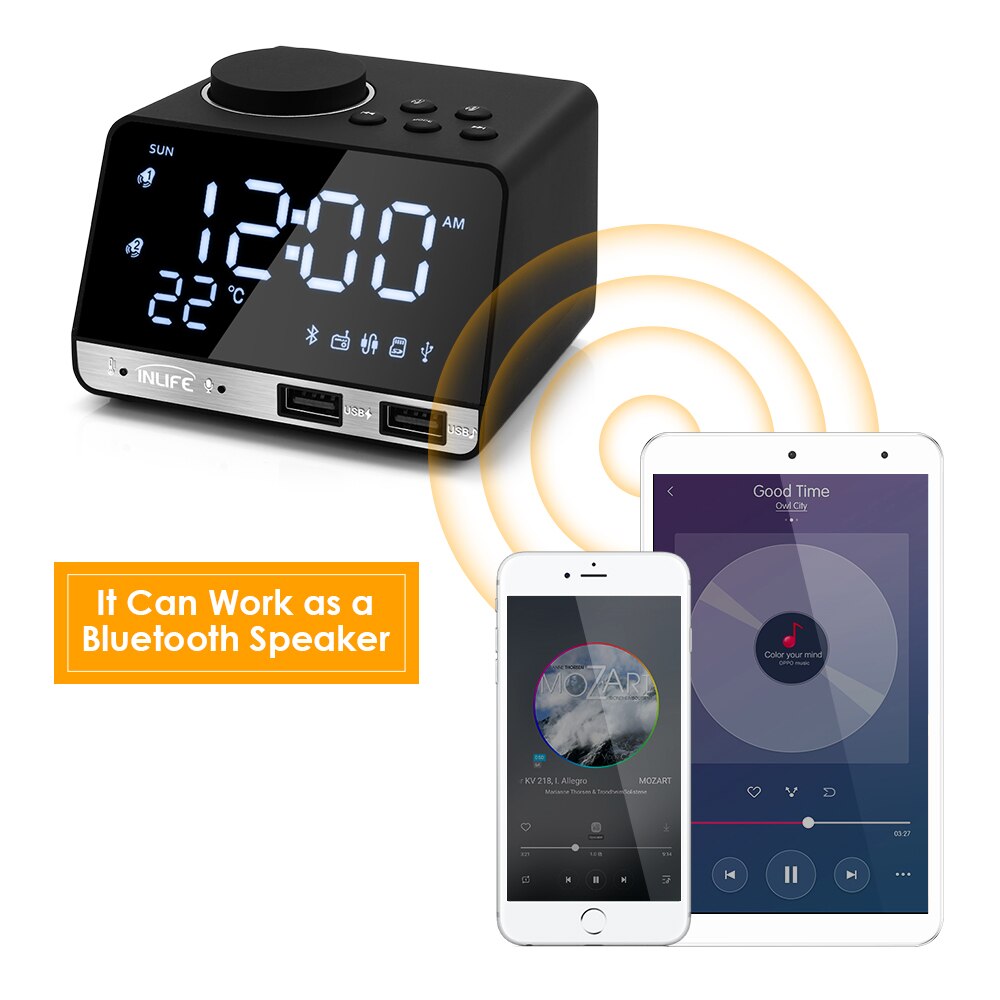 K11 Bluetooth 4.2 Radio Alarm Clock Speaker With 2 USB Ports LED Digital Alarm Clock Home Decration Snooze Table Clock EU Plug