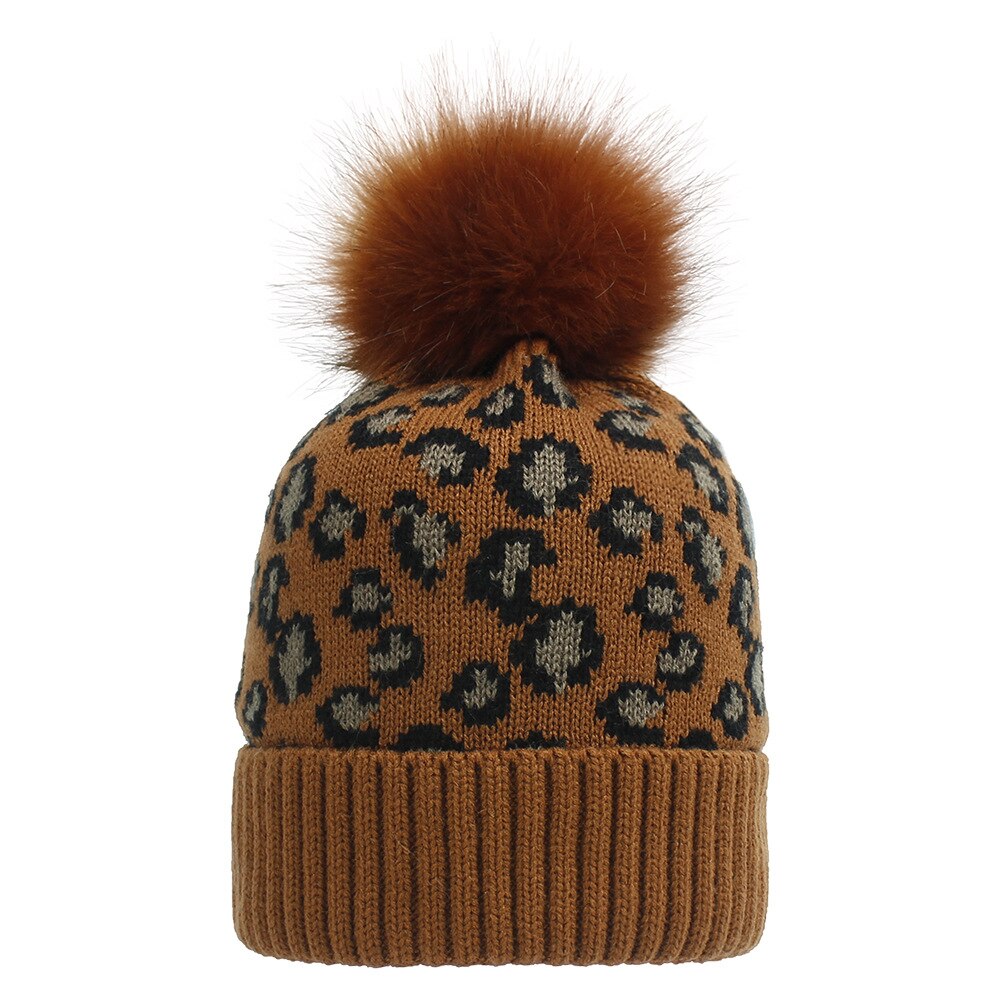 Gebreide luipaard mutsen dames pompon pompom wintermuts met pompon muts pompons voor muts imitatiebont casual warme gebreide muts muts: Bruin
