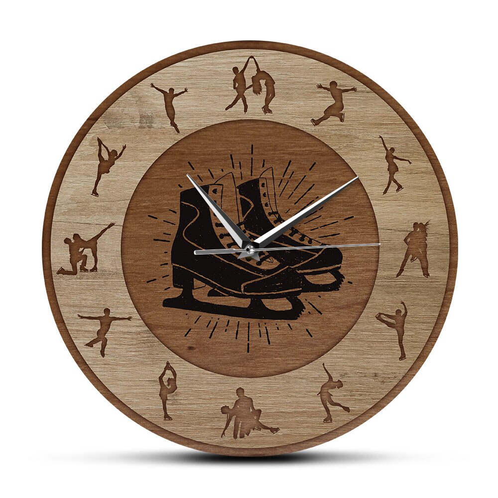 Figure Skating Wood Texture Printed Wall Clock Girls Room Silent Hanging Wall Watch Winter Sport Home Decor Ice Skaters: No Frame