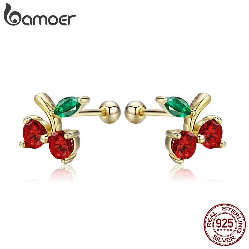 BAMOER 925 Sterling Silver Red Cherry Flower Exquisite Stud Earrings for Women Wedding Engagement Jewelry SCE543