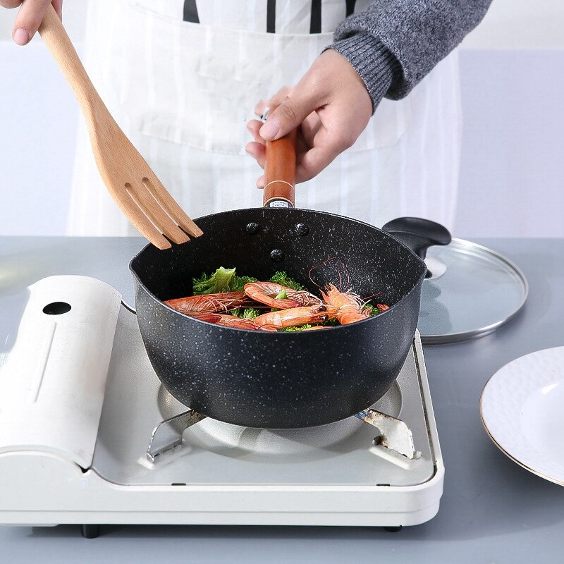 20Cm Soep Voorraad Potten Maifan Stone Kookgerei Met Houten Handvat Melk Pot Universele Koekenpan Zwart Aluminium Sneeuw non-stick