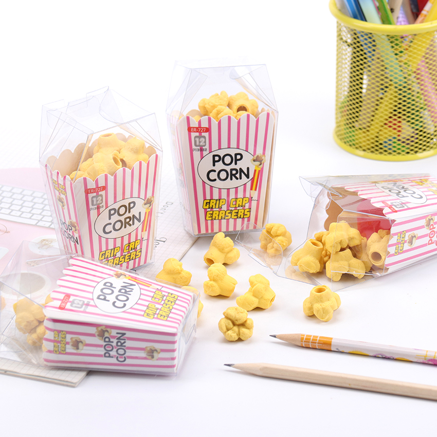 12 Stks/doos Kawaii Voedsel Popcorn Gummen Mooie Potlood Gum Voor Kids Creatieve Koreaanse Briefpapier Nieuwtje